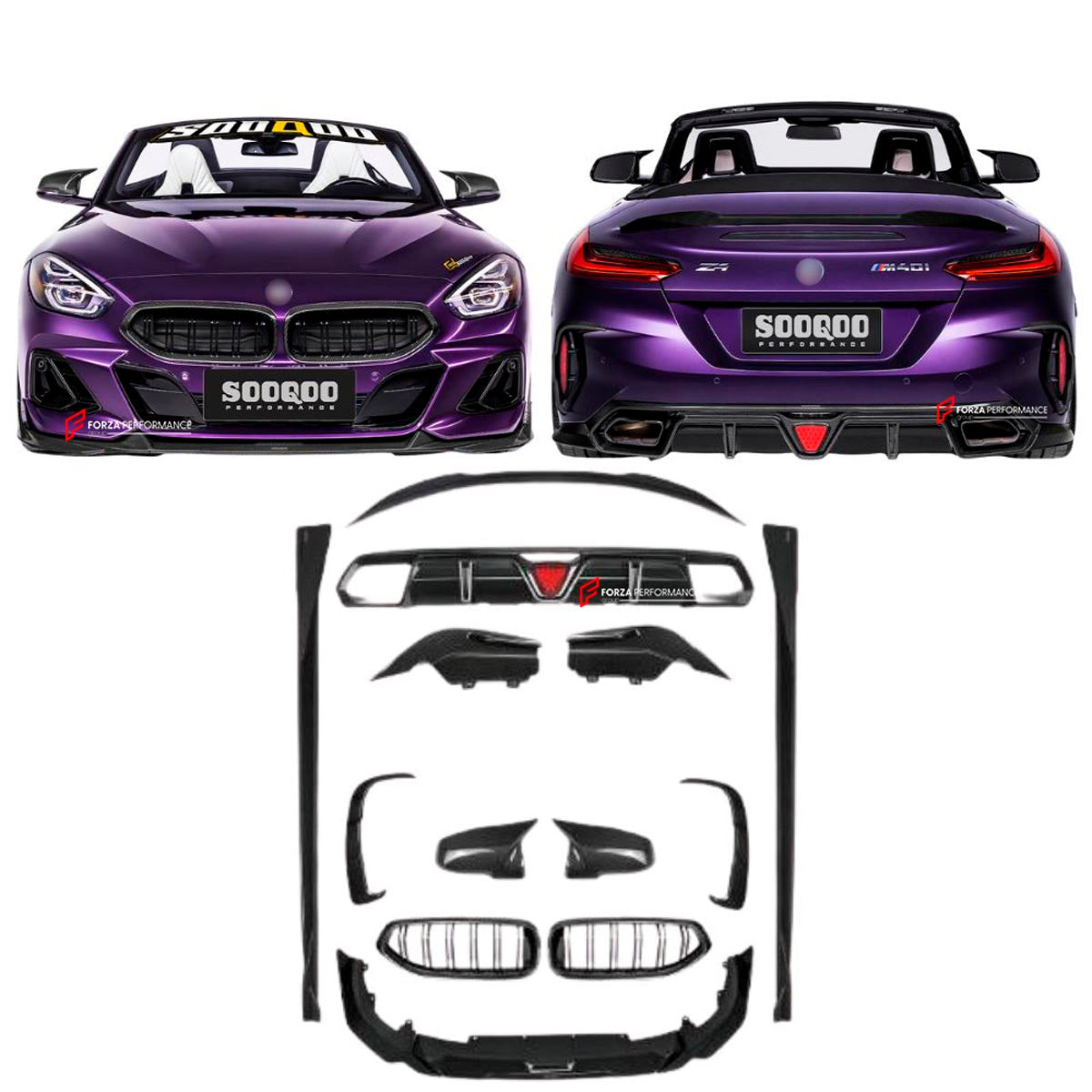 AUTHENTIC SOOQOO DRY CARBON BODY KIT for BMW Z4 G29 2019+
Set includes:

Front Lip
Front Kidney Grilles
Mirror Caps
Side Skirts
Rear Diffuser
Rear Bumper Inserts
Trunk Spoiler
Material: Dry Carbon (Prepreg Carbon Fiber)

NOTE: Professional installation is required.