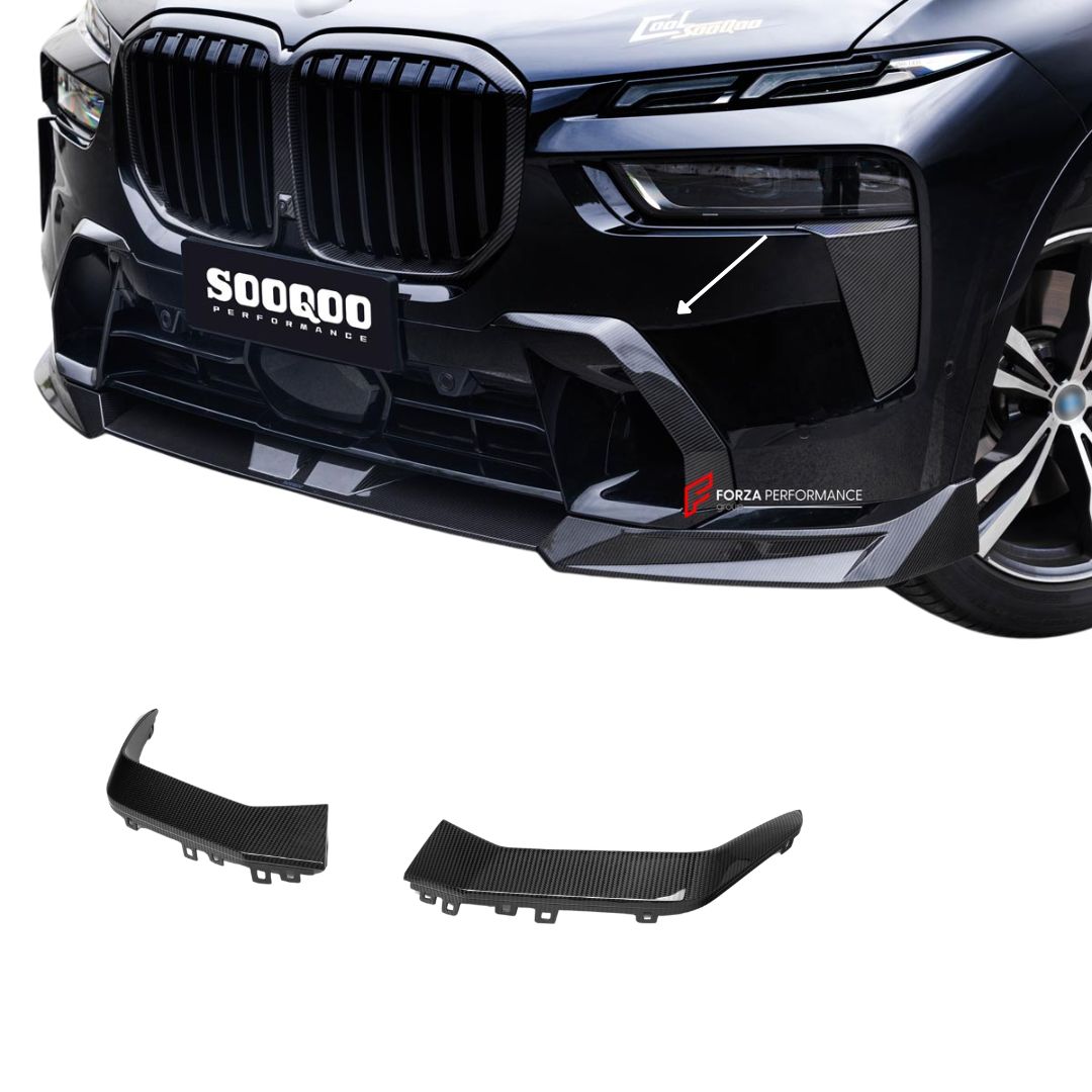AUTHENTIC SOOQOO DRY CARBON FIBER FRONT BUMPER AIR VENT TRIMS for BMW X7 G07 LCI 2023+
Set includes:

Front Bumper Air Vent Trims
Material: Dry Carbon

NOTE: Professional installation is required.