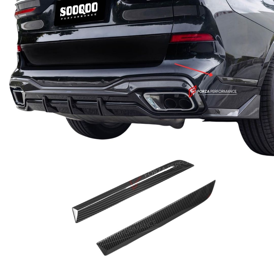 AUTHENTIC SOOQOO DRY CARBON FIBER REAR BUMPER TRIMS for BMW X7 G07 2019+
Set includes:

Rear Bumper Trims
Material: Dry Carbon

NOTE: Professional installation is required.
