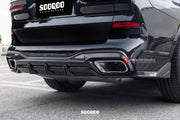 AUTHENTIC SOOQOO DRY CARBON FIBER REAR BUMPER TRIMS for BMW X7 G07 2019+
Set includes:

Rear Bumper Trims
Material: Dry Carbon

NOTE: Professional installation is required.