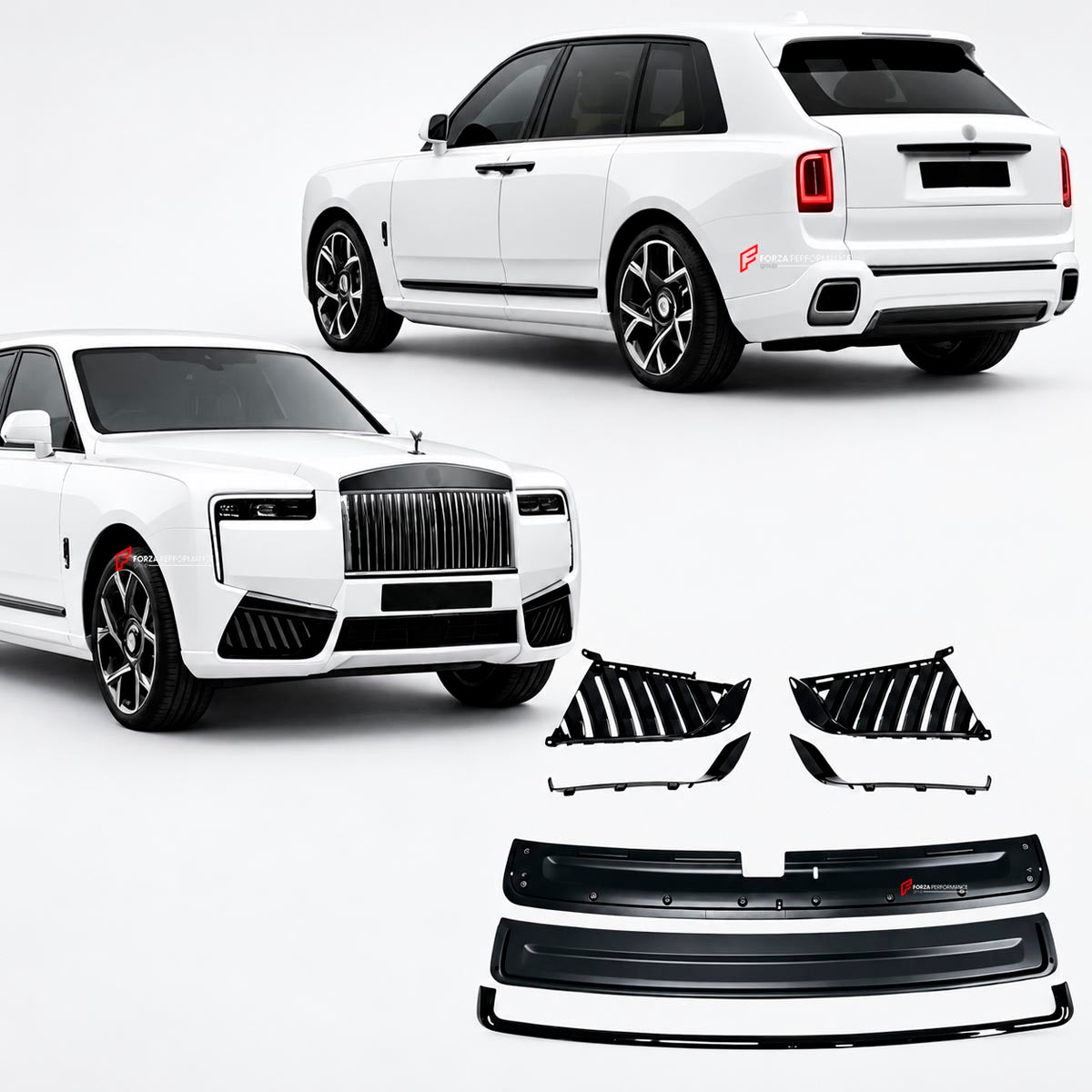 BLACK BADGE STYLE TRIM KIT for ROLLS ROYCE CULLINAN II SERIES 2 RR31 2024+ Forza Performance Custom fit

Set includes:
Front Bumper Air Vents
Rear Diffuser Trims

Material: Plastic (Gloss Black or Chrome Finish)

NOTE: Professional installation is required.