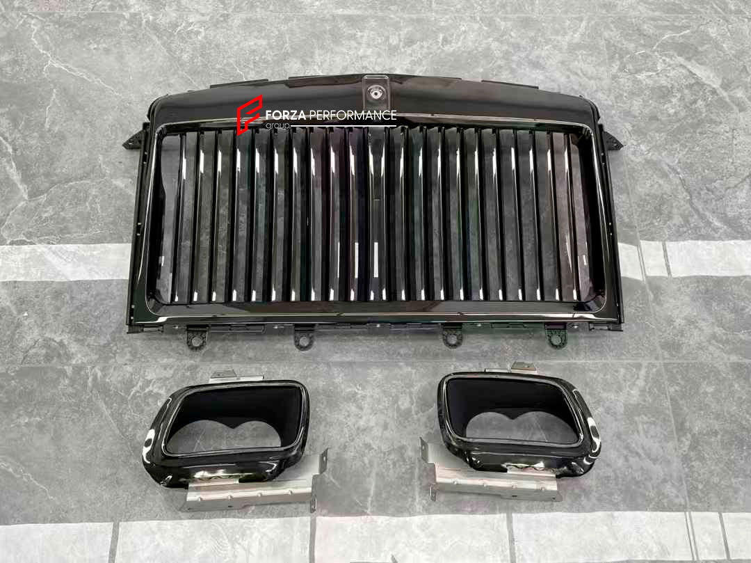 BLACK BADGE UPGRADE for ROLLS ROYCE CULLINAN 2018 - 2024

Set includes:

Front Bumper Trims
Grille
Grille Cover
Black Emblem Badges
Spirit of Extasy
Side Logo Covers
Trunk Molding
Exhaust Tips
Wheels

Material: Plastic