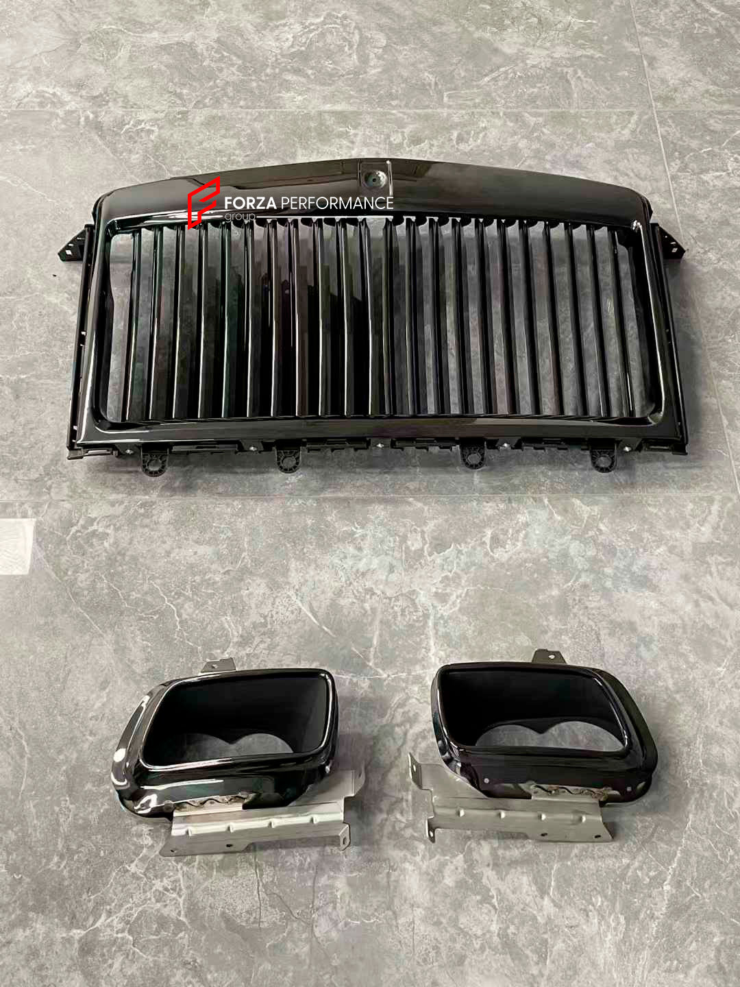 BLACK BADGE UPGRADE for ROLLS ROYCE CULLINAN 2018 - 2024

Set includes:

Front Bumper Trims
Grille
Grille Cover
Black Emblem Badges
Spirit of Extasy
Side Logo Covers
Trunk Molding
Exhaust Tips
Wheels

Material: Plastic