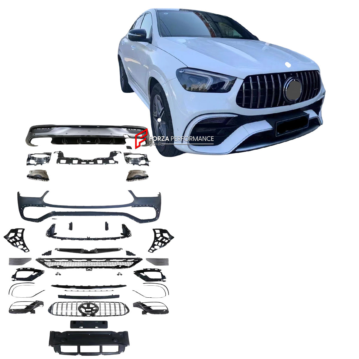 BODY KIT AMG FOR MERCEDES BENZ GLE COUPE C167  Set include:   Front lip  Front bumper assebly Spoiler  Rear diffuser with exhaust tips  Grill MATERIAL: Plastic PP