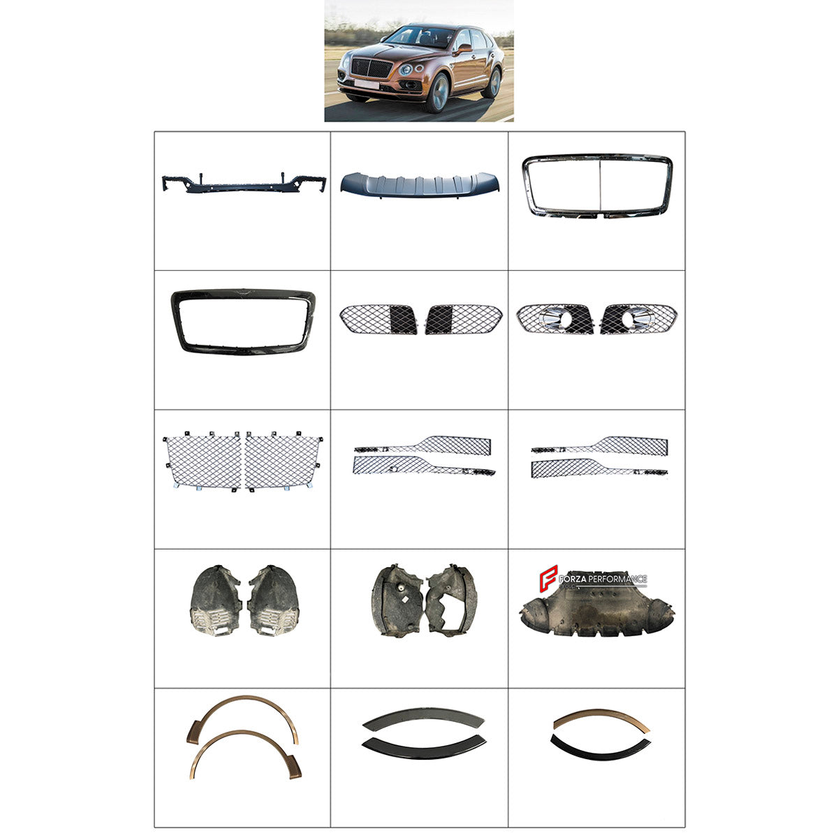 BODY KIT for Bentley Bentayga 2016 - 2020
Set includes:

Front Bumper Assembly
Front Grille
Engine Cover
Front Fenders
Rear Fenders
Material: Plastic

NOTE: Professional installation is required.