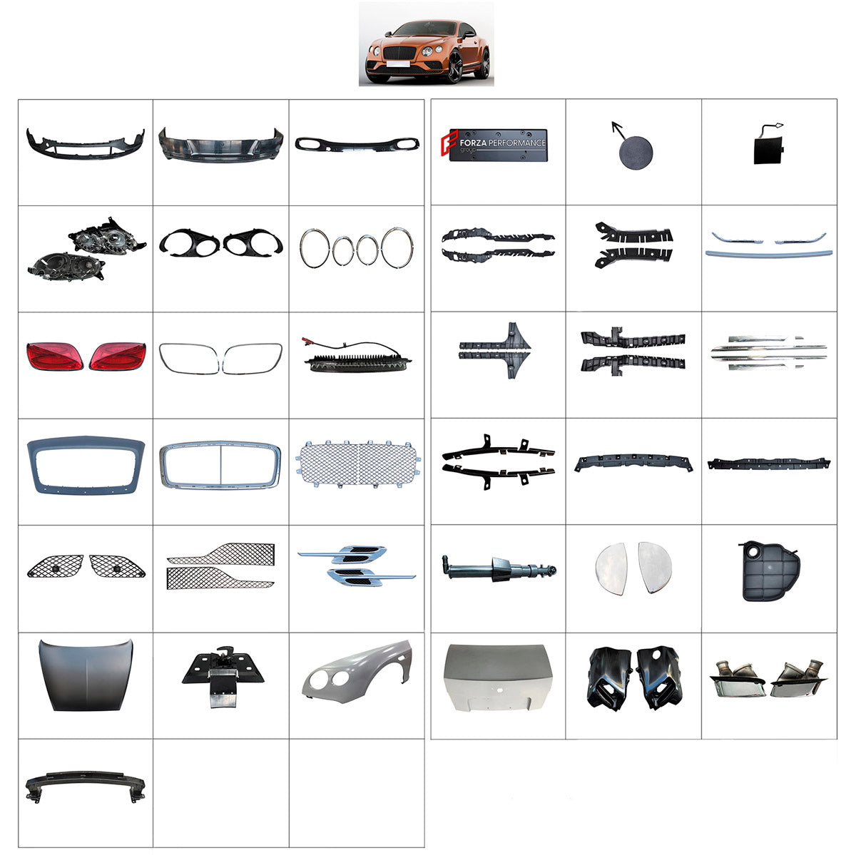 BODY KIT for Bentley Continental GT 2016 - 2019
Set includes:

Front Bumper Assembly
Front Grille
License Plate
Hood Bonnet
Front Fenders
Rear Fenders
Trunk Lid
Rear Bumper Assembly
Exhaust Tips
Material: Plastic

NOTE: Professional installation is required.