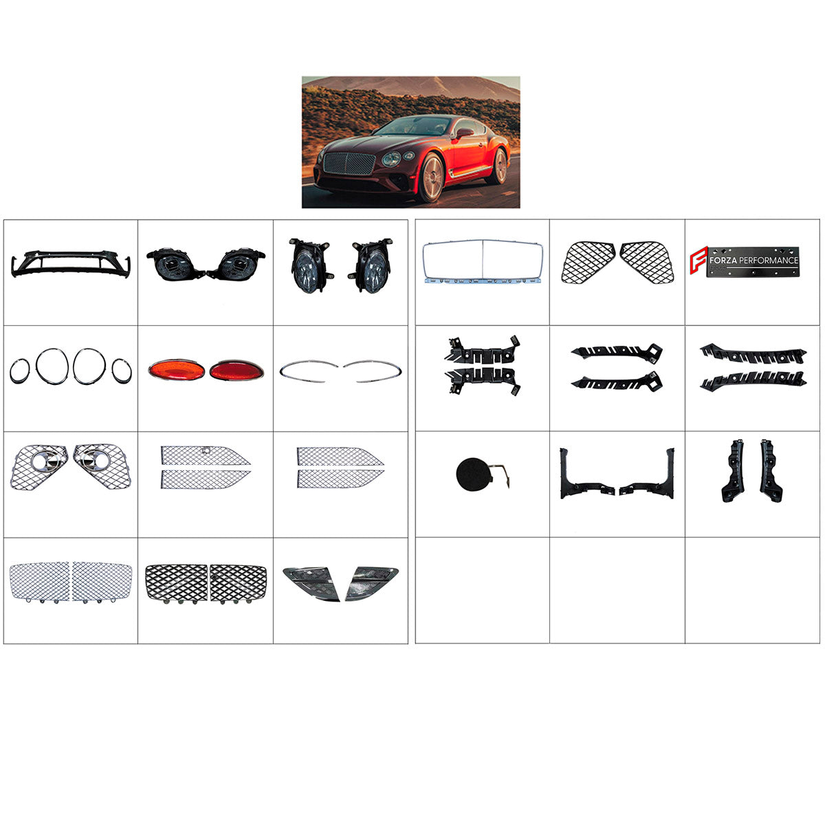 BODY KIT for Bentley Continental GT 2020+
Set includes:

Front Bumper Assembly
Front Grille
License Plate
Tail Lights
Rear Bumper Assembly
Material: Plastic

NOTE: Professional installation is required.