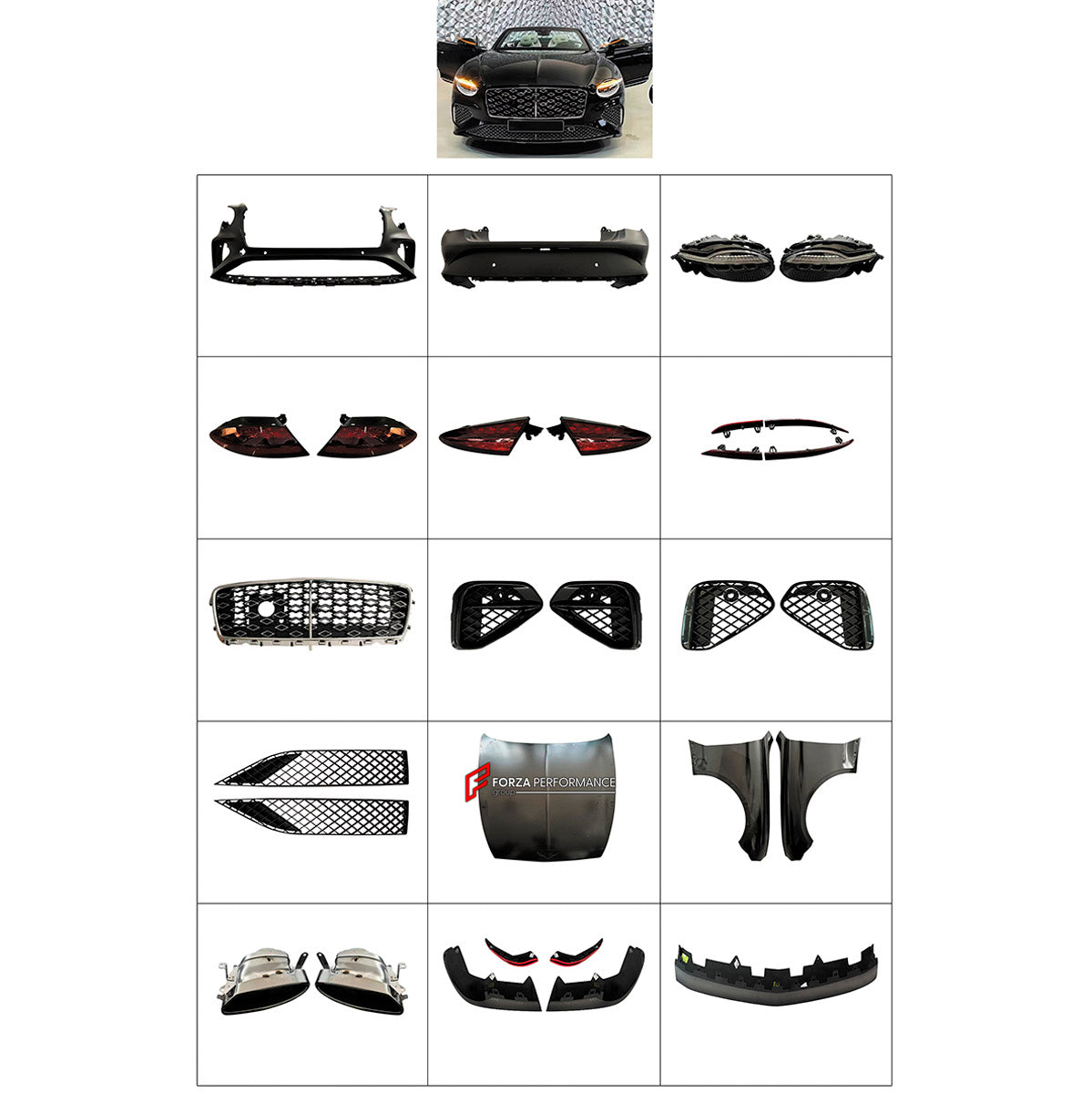BODY KIT for Bentley Continental GT 2025+
Set includes:

Front Lip
Front Bumper Assembly
Fenders
Hood Bonnet
Rear Bumper Assembly
Exhaust Tips
Material: Plastic

NOTE: Professional installation is required.