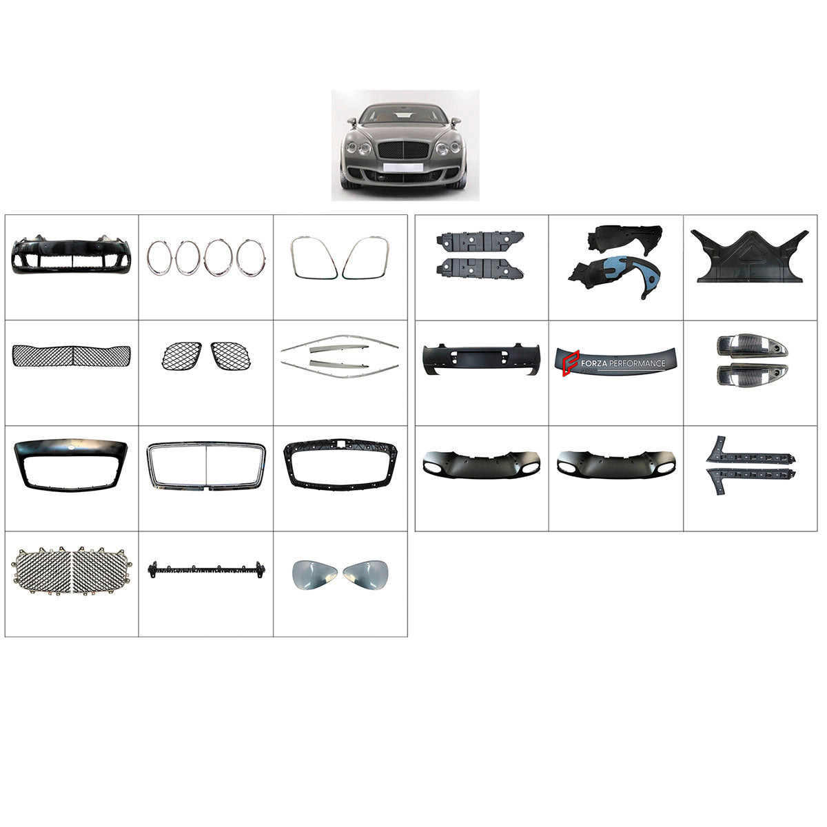 BODY KIT for Bentley Flying Spur 2009 - 2012
Set includes:

Front Bumper Assembly
Front Grille
Fenders
Rear Bumper Assembly
Material: Plastic

NOTE: Professional installation is required.
