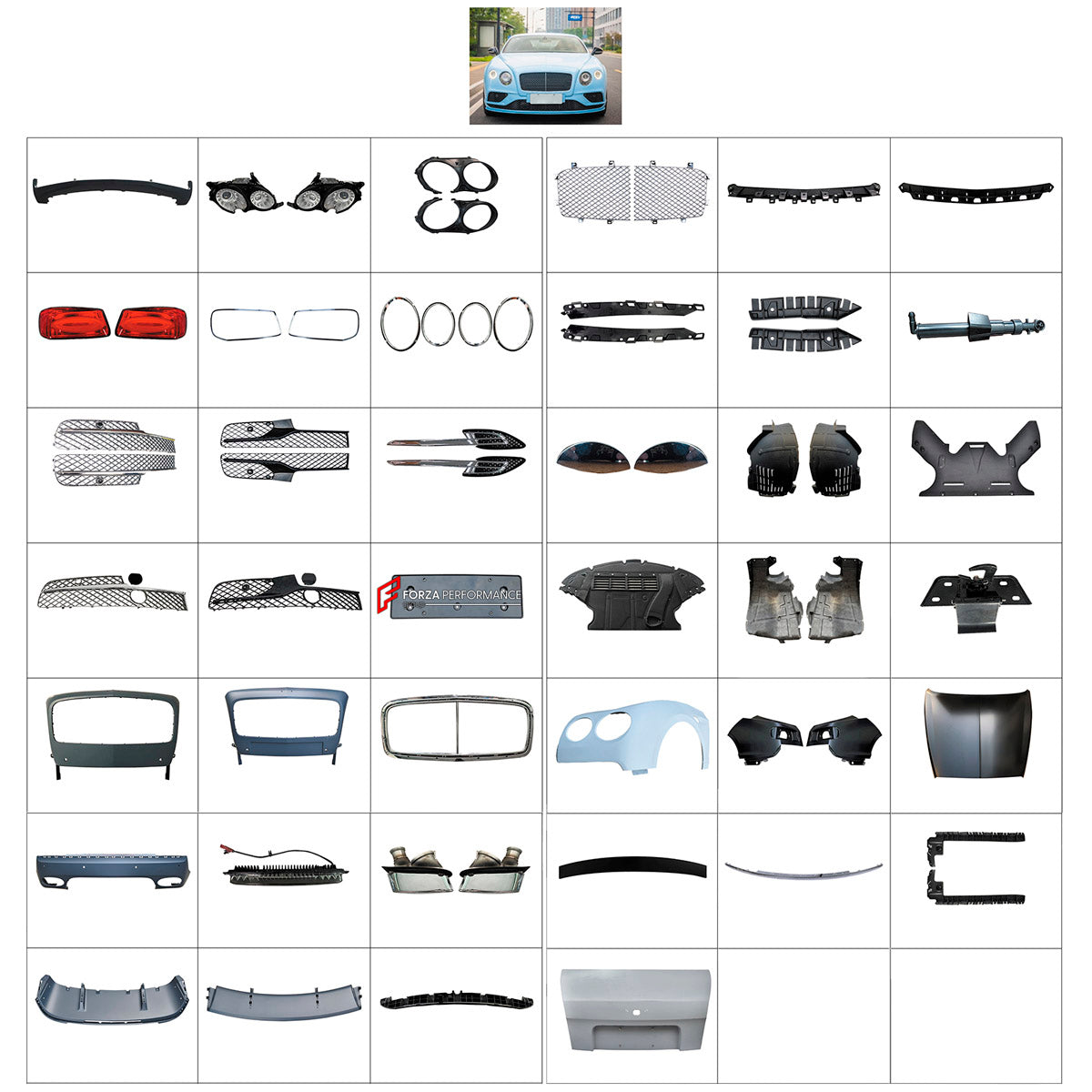 BODY KIT for Bentley Flying Spur 2014 - 2019
Set includes:

Front Bumper Assembly
Front Grille
License Plate
Hood Bonnet
Engine Cover
Front Fenders
Side Air Vents
Rear Fenders
Tail Lights
Trunk Lid
Rear Bumper Assembly
Exhaust Tips
Material: Plastic

NOTE: Professional installation is required.