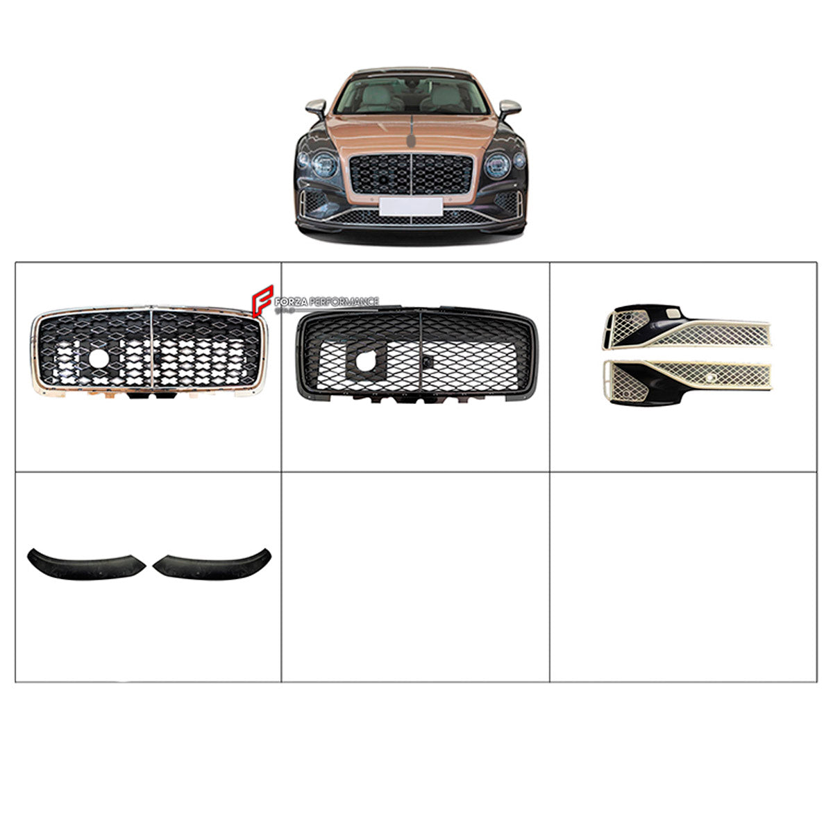 BODY KIT for Bentley Flying Spur 2025+
Set includes:

Front Lip
Front Grille
Material: Plastic

NOTE: Professional installation is required.