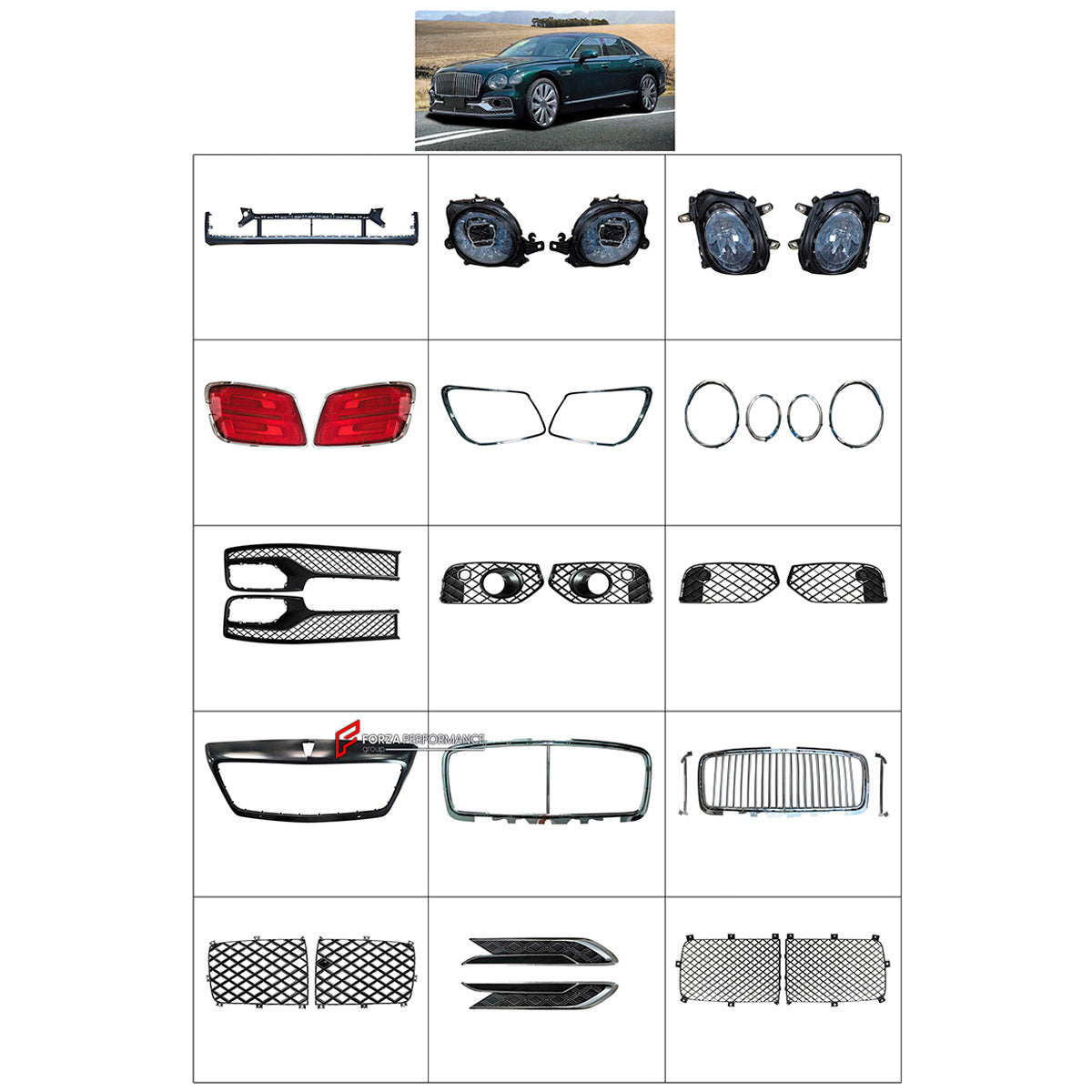 BODY KIT for Bentley Flying Spur 2020+
Set includes:

Front Bumper Assembly
Front Grille
Side Air Vents
Tail Lights
Material: Plastic

NOTE: Professional installation is required.