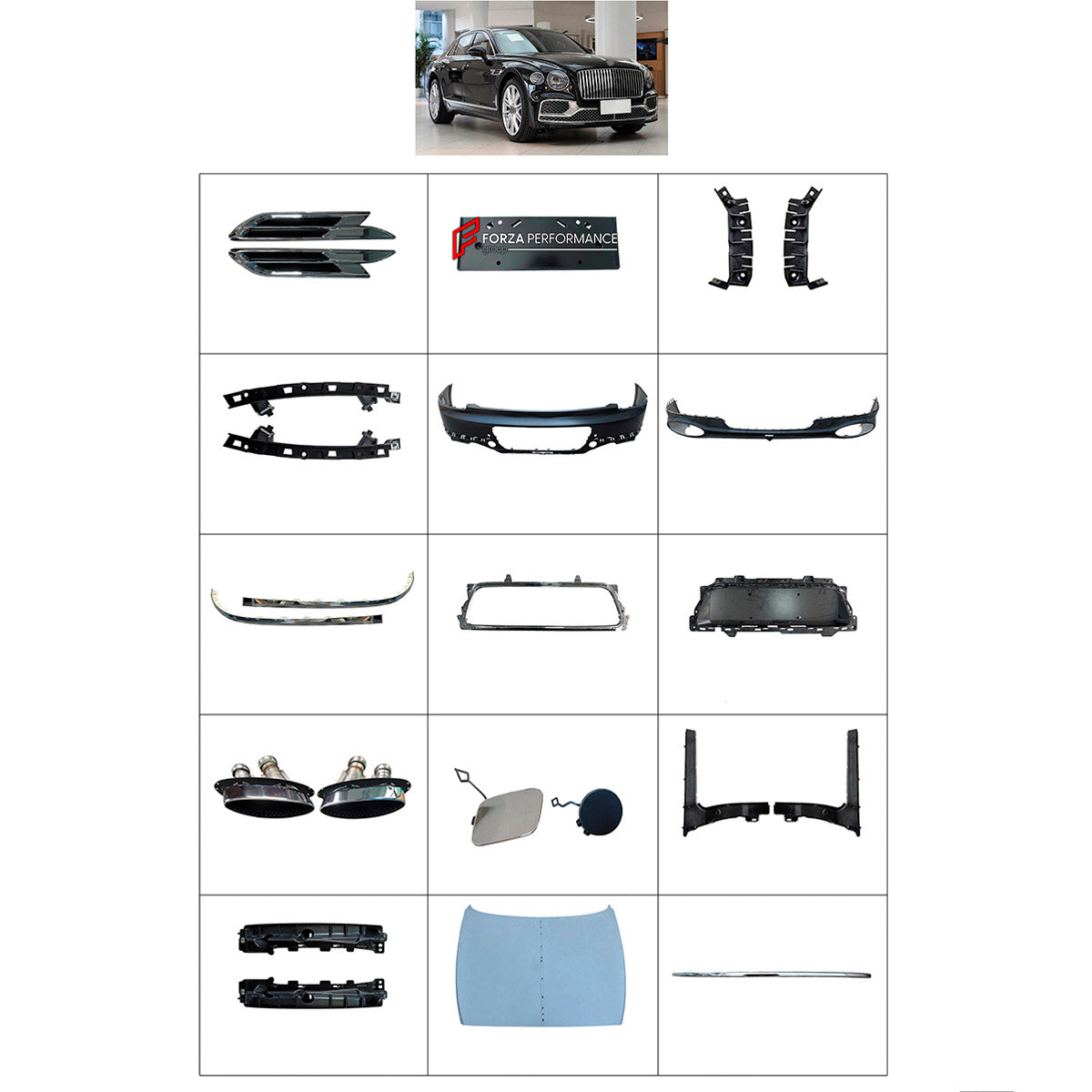 BODY KIT for Bentley Flying Spur 2020+
Set includes:

Front Bumper Assembly
License Plate
Hood Bonnet
Side Air Vents
Rear Bumper Assembly
Exhaust Tips
Material: Plastic

NOTE: Professional installation is required.