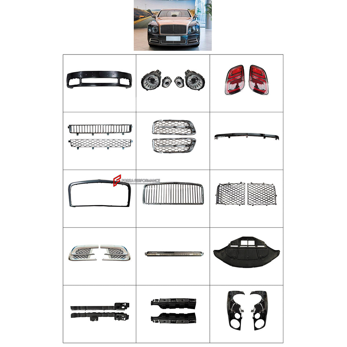 BODY KIT for Bentley Mulsanne 2017+
Set includes:

Front Bumper Assembly
Front Grille
Fenders
Fender Vents
Engine Cover
Rear Bumper Headlight
Tail Lights
Material: Plastic

NOTE: Professional installation is required.