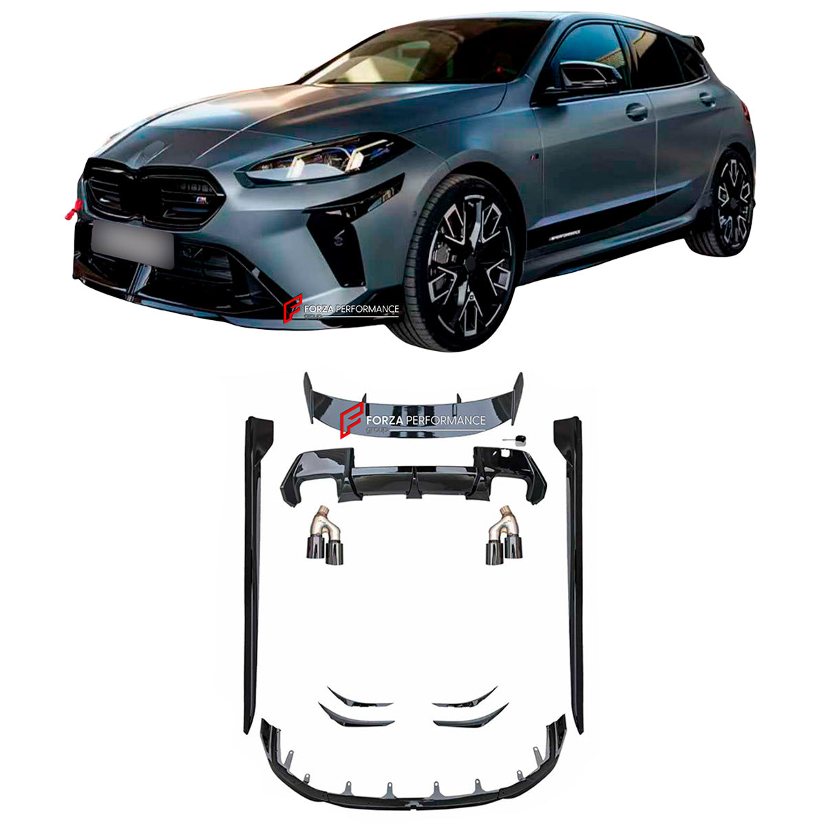 BODY KIT for BMW 1 SERIES F70 2025+
Set includes:

Front Lip
Front Bumper Canards
Side Skirts
Roof Spoiler
Rear Diffuser
Exhaust Tips
Material: Carbon

NOTE: Professional installation is required.