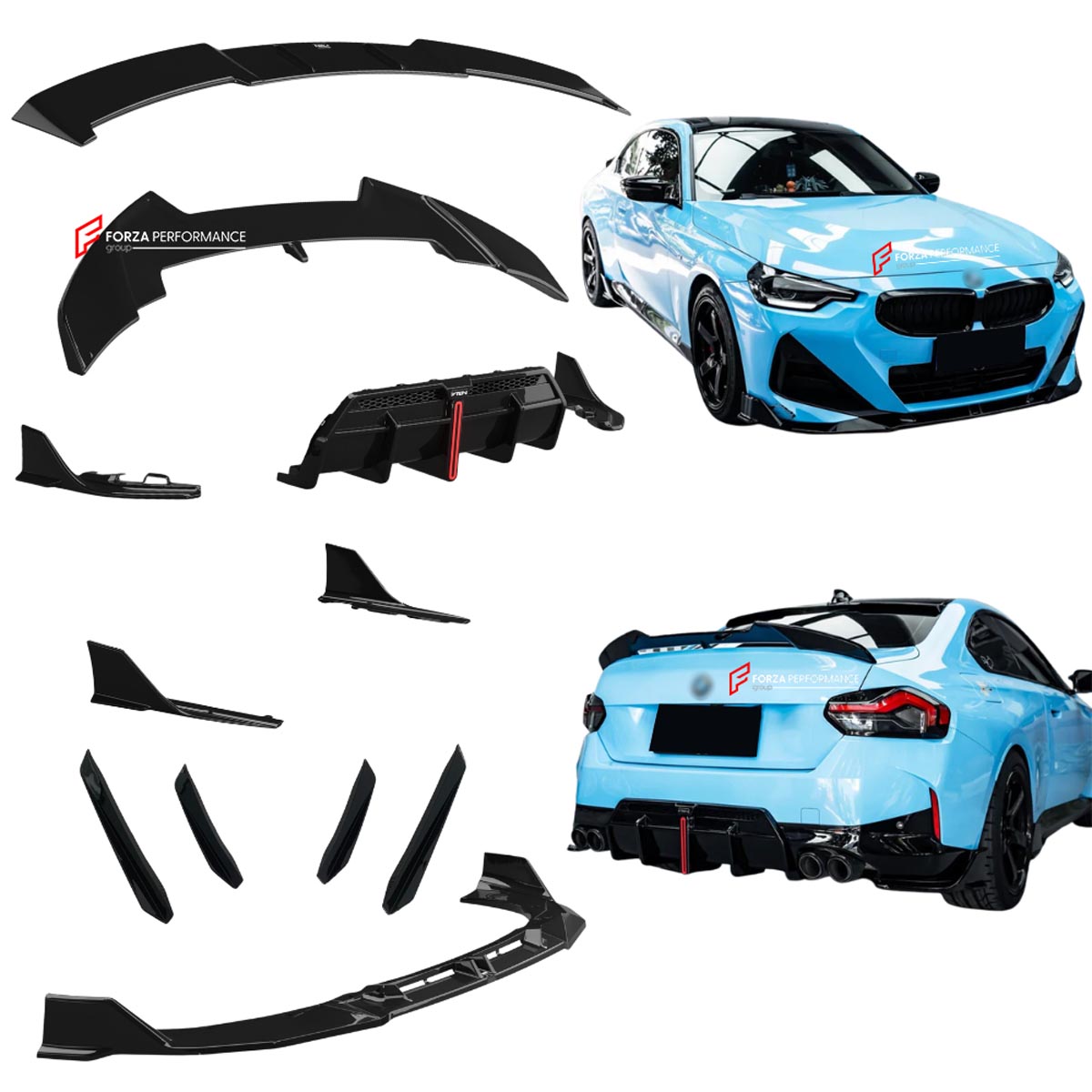 Body Kit for BMW 2 SERIES M240I 2021+
Set includes:

Front Lip
Front Bumper Side Canards
Side Skirts
Diffuser
Roof Spoiler
Spoiler
Material: Plastic (PP)

NOTE: Professional installation is required.