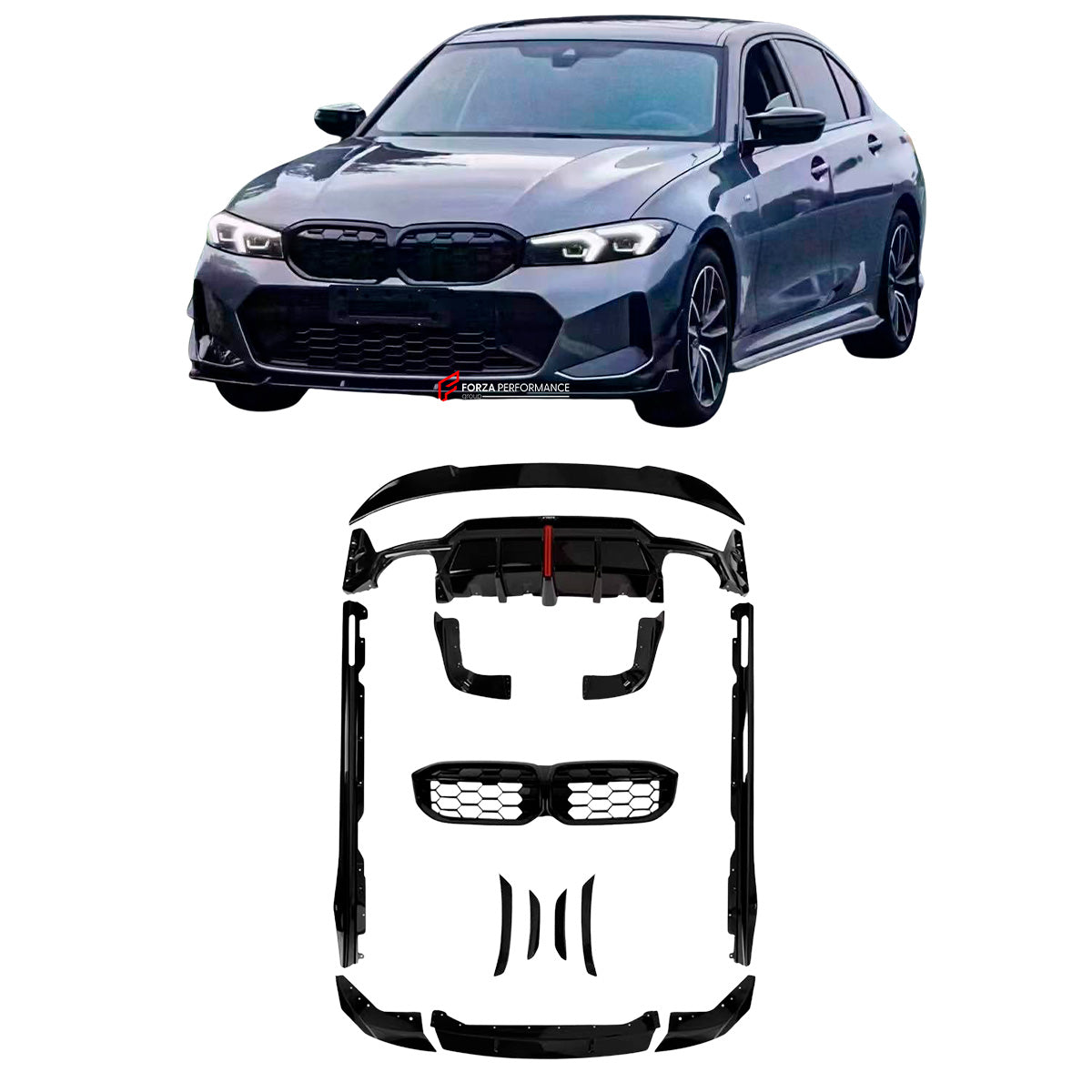 BODY KIT FOR BMW 3-SERIES G20 LCI 2022+

Set includes:

Front Lip
Front Canards
Side Skirts
Rear Diffuser
Rear Spoiler
Material: Plastic

Note: Professional installation is required