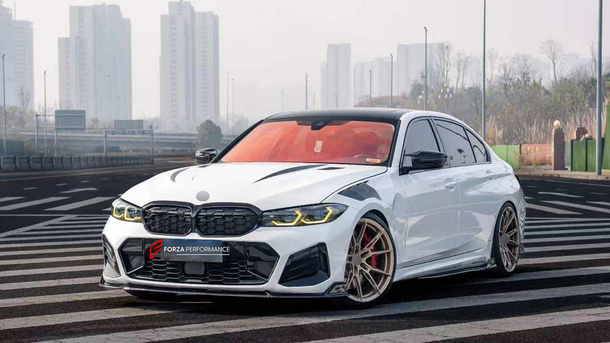 BODY KIT for BMW 3 SERIES G20 LCI 2022+

Set includes:
Front Lip
Hood Bonnet
Side Fender Vents
Side Skirts
Ducktail Spoiler
Rear Diffuser

Material: Plastic

NOTE: Professional installation is required.