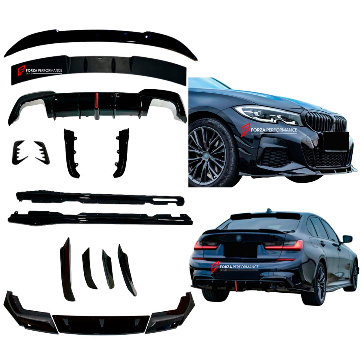 Body Kit for BMW 3 SERIES VII G20 G28 LCI 2019 - 2022
Set includes:

Front Lip
Front Bumper Side Canards
Side Skirts
Diffuser
Roof Spoiler
Spoiler
Material: Plastic (PP)

NOTE: Professional installation is required.