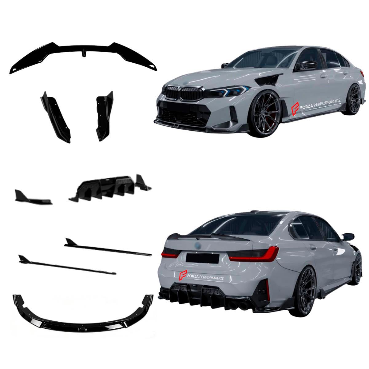 Body Kit for BMW 3 SERIES VII G20 G28 LCI 2023+
Set includes:

Front Lip
Side Skirts
Diffuser
Spoiler
Material: Plastic (PP)

NOTE: Professional installation is required.