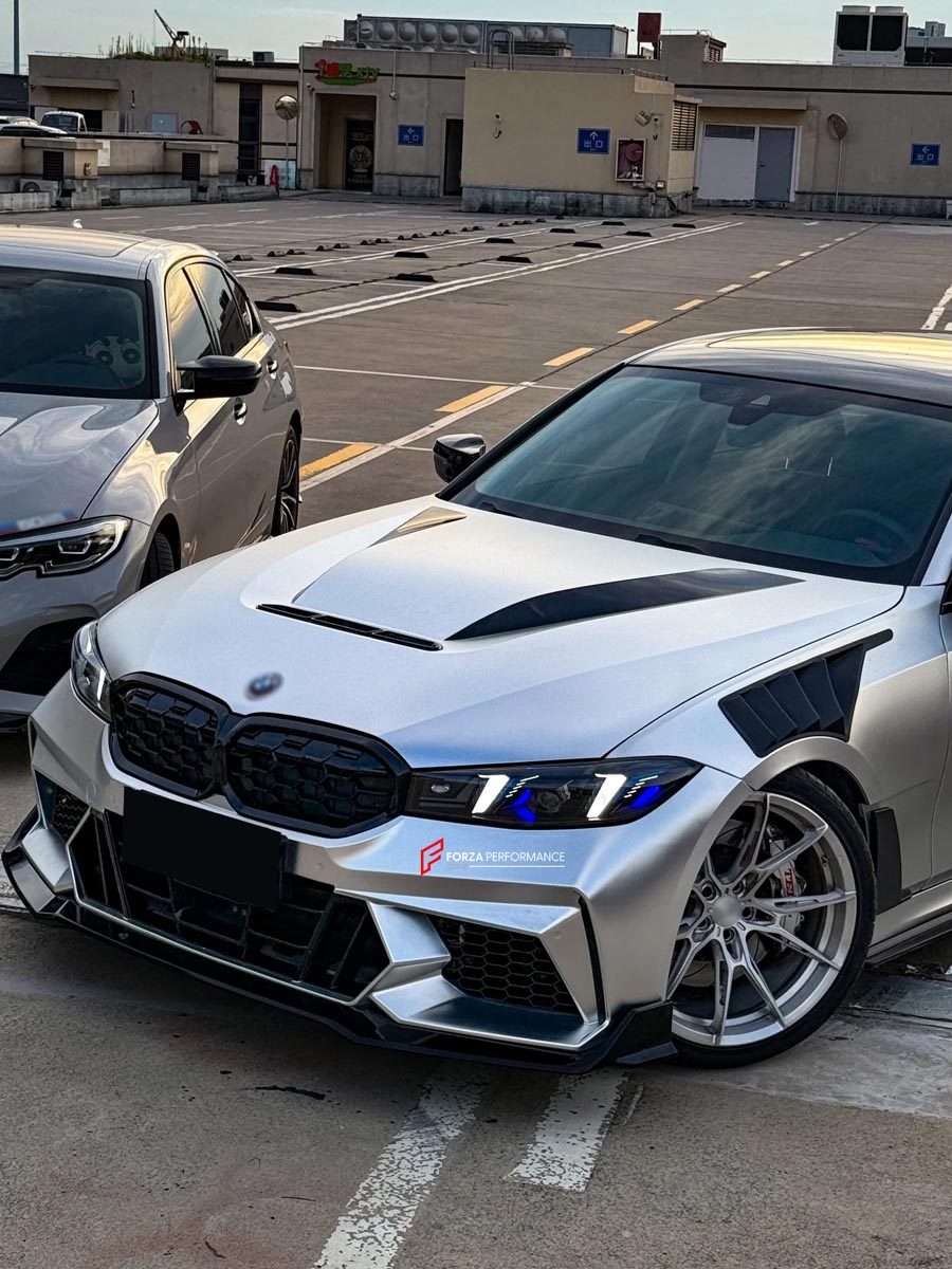Body Kit for BMW 3 SERIES VII G20 G28 LCI 2023+
Set includes:

Front Lip
Front Bumper
Mirror Housing
Roof Spoiler
Spoiler
Material: Plastic (PP)

NOTE: Professional installation is required.