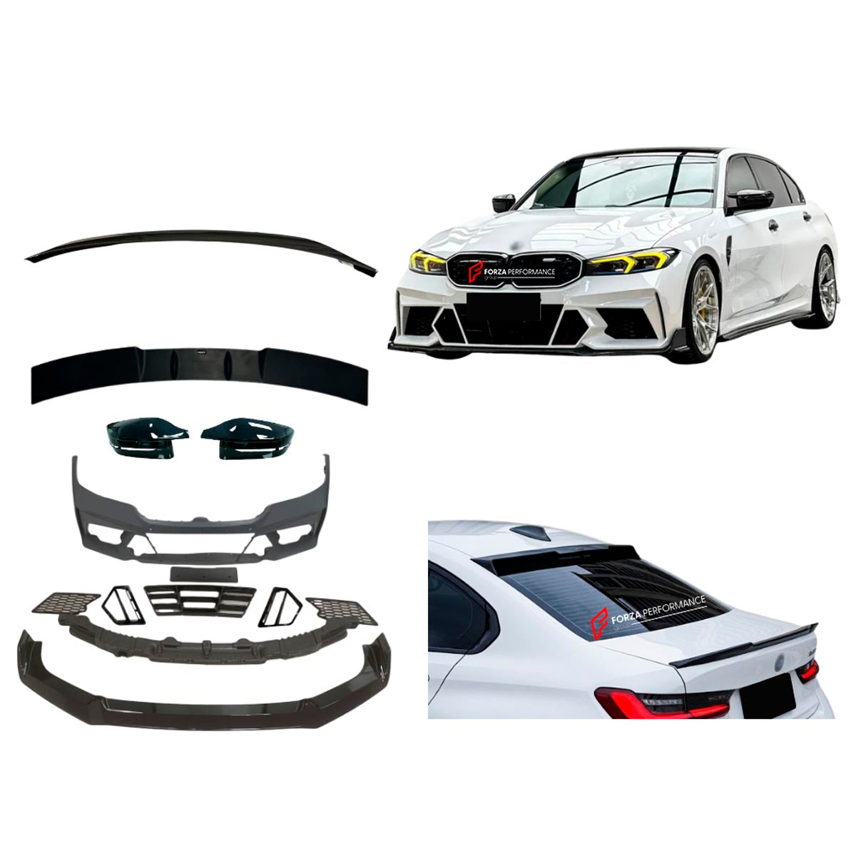 Body Kit for BMW 3 SERIES VII G20 G28 LCI 2023+
Set includes:

Front Lip
Front Bumper
Mirror Housing
Roof Spoiler
Spoiler
Material: Plastic (PP)

NOTE: Professional installation is required.