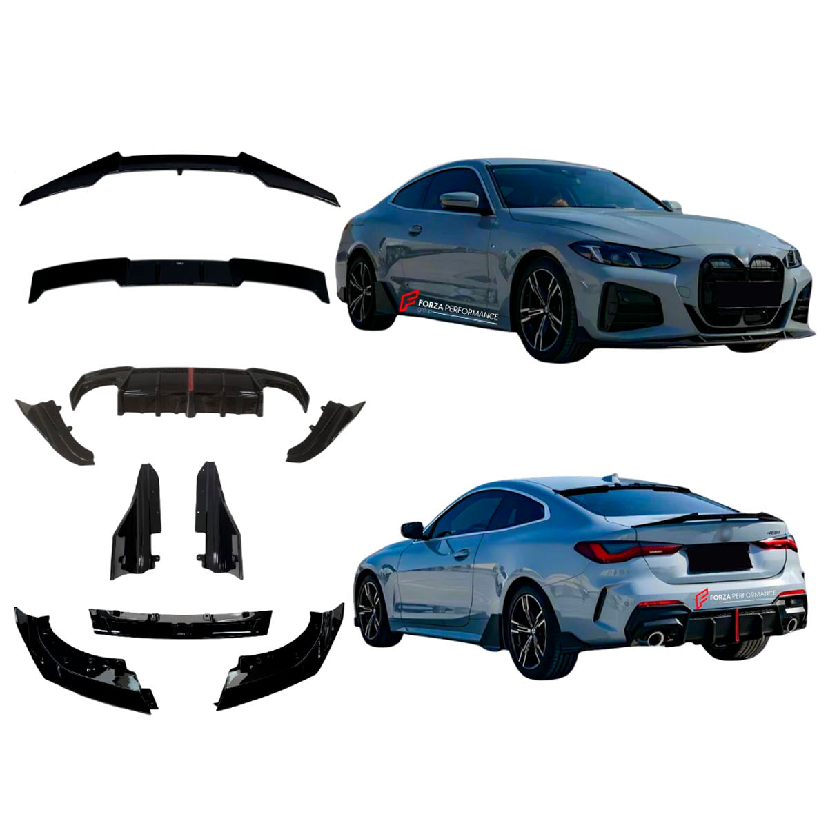 Body Kit for BMW 4 SERIES G22 2020+
Set includes:

Front Lip
Side Skirts
Diffuser
Roof Spoiler
Spoiler
Material: Plastic (PP)

NOTE: Professional installation is required.