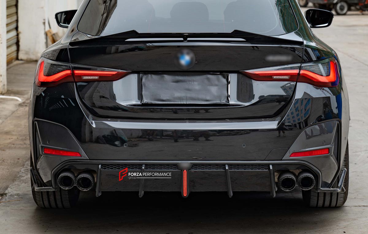 BODY KIT for BMW 4 SERIES GRAN COUPE G26 2021+ FORZA PERFORMANCE Custom fit Dry Carbon VTEN Design Style
Set includes:

Front Lip
Front Bumper Canards
Side Skirts
Rear Diffuser (dual/single outlet or quad outlet version — your choice)
Rear Lip
Rear Corners
Rear Spoiler
Roof Spoiler
Quad Titanium Black Exhaust Tips
Quad Carbon Fiber Exhaust Tips
Material: Plastic

NOTE: Professional installation is required.