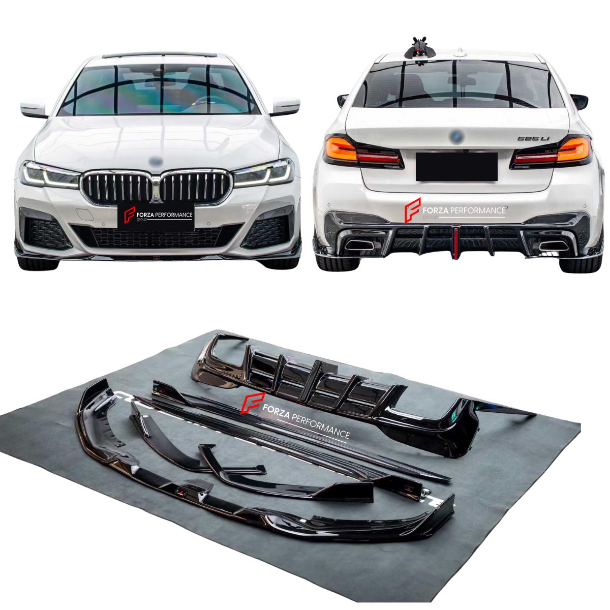 Body Kit for BMW 5 SERIES G30 530e 530i 540i xDrive M5 F90 2017 - 2020
Set includes:

Front Lip
Side Skirts
Diffuser
Material: Plastic (PP)

NOTE: Professional installation is required.