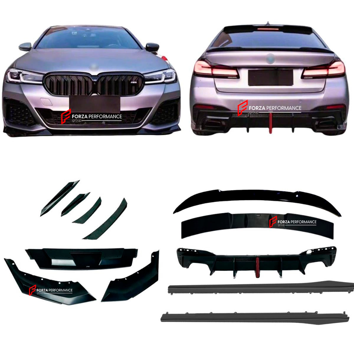 BODY KIT for BMW 5 SERIES G30 G38 2018 - 2023 FORZA PERFORMANCE Custom fit Dry Carbon VTEN Design Style
Set includes:

Front Lip (fits 2021 - 2023 LCI only)
Front Bumper Canards
Side Skirts
Rear Diffuser
Rear Lip
Rear Corners
Rear Spoiler
Roof Spoiler
Material: Plastic

NOTE: Professional installation is required.