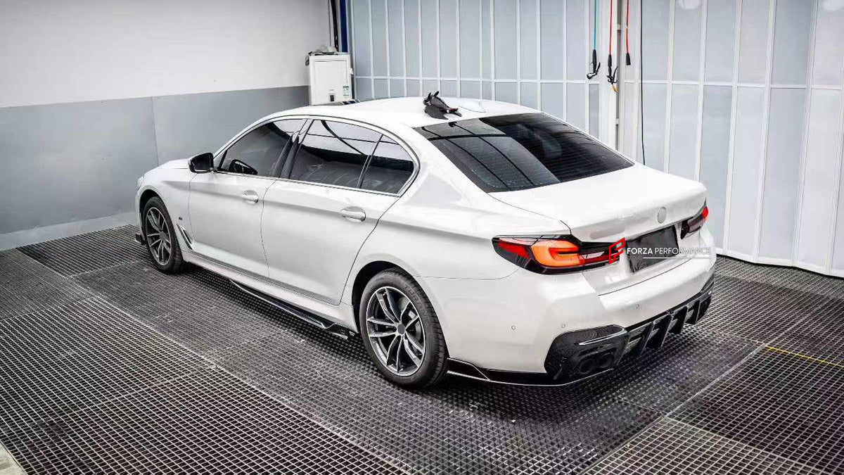 BODY KIT for BMW 5 SERIES G30 G38 LCI 2020 - 2024

Set includes:
Front Lip
Front Grille Mesh Cover Trims
Side Skirts
Rear Bumper Fins
Rear Diffuser

Material: Plastic

NOTE: Professional installation is required.