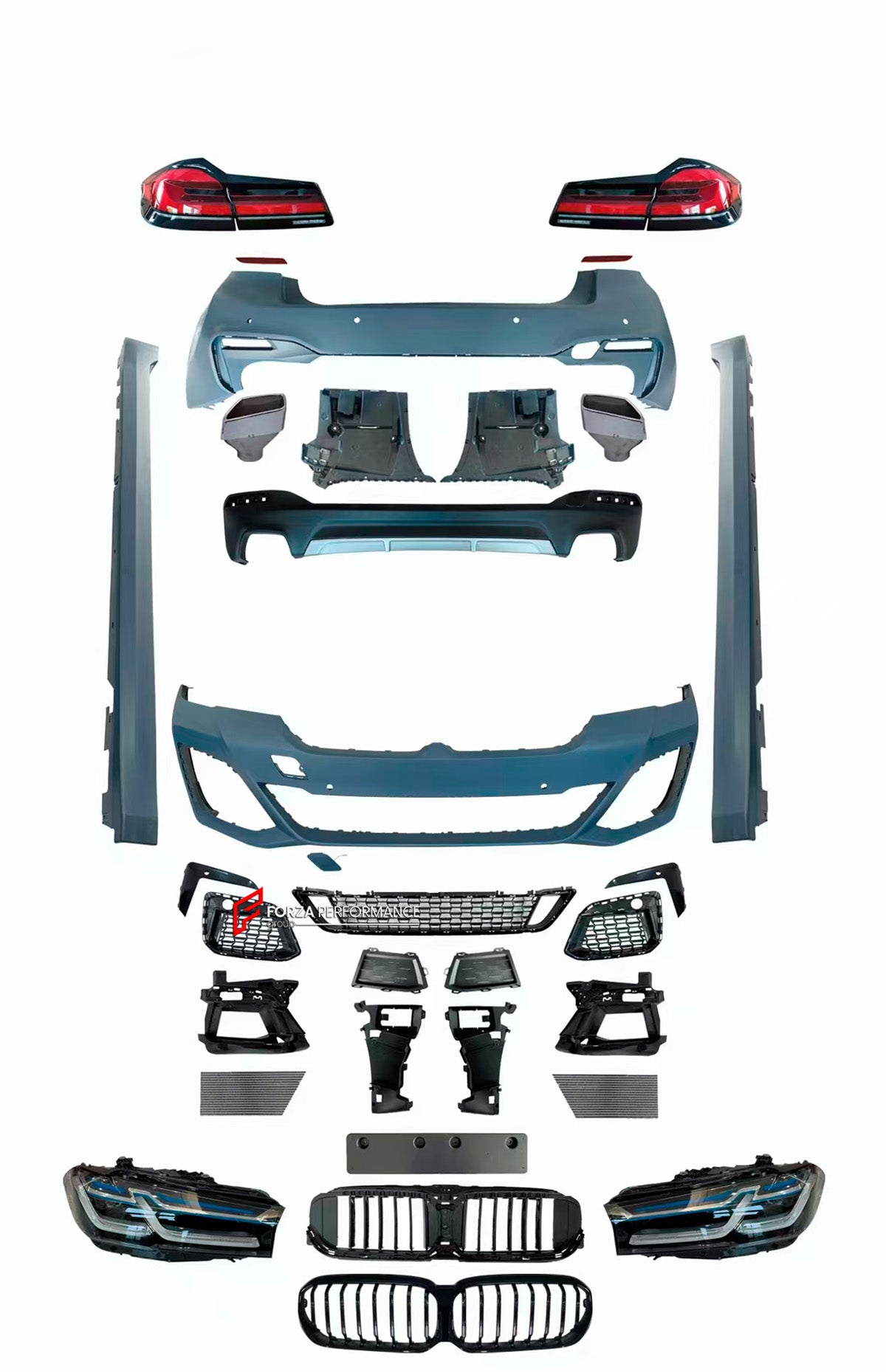 BODY KIT for BMW 5 SERIES G30 to G30 LCI M-TECH

Set includes:

Front Bumper Assembly&nbsp;

Grille&nbsp;
Headlights
Side Skirts
Tail Lights
Rear Bumper&nbsp;
Rear Diffuser&nbsp;
Exhaust Tips

* Each part can be sent separately. If you need, please contact us.

Contact us for pricing