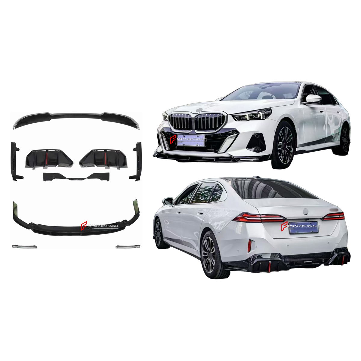 BODY KIT for BMW 5 SERIES G60 G68 M SPORT 2023+ FORZA PERFORMANCE custom fit KT Design Style

Set includes:
Front Lip
Front Bumper Air Vent Covers
Ducktail Spoiler
Rear Bumper Fins
Rear Diffuser

Material: Plastic

NOTE: Professional installation is required.