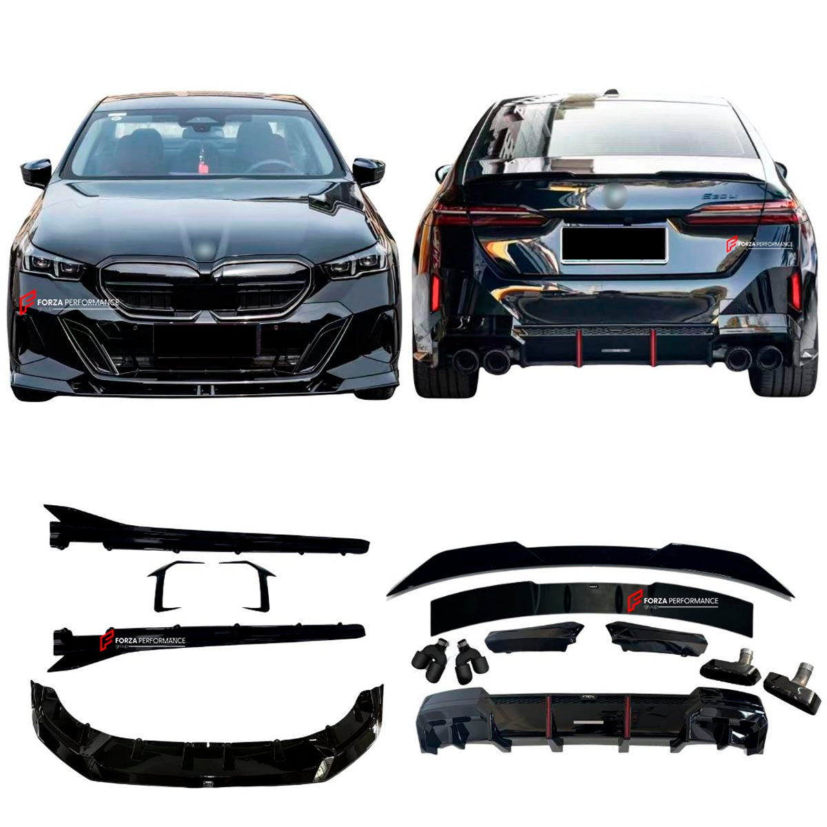 BODY KIT for BMW 5 SERIES LWB G68 2024+ FORZA PERFORMANCE Custom fit Dry Carbon VTEN Design Style
Set includes:

Front Lip
One Piece Front Lip
Front Bumper Canards
Side Skirts
Rear Diffuser
Rear Diffuser No Lights
Rear Spoiler
Roof Spoiler
Carbon Fiber Exhaust Tips (530i)
Square Exhaust Tips (530i)
Carbon Fiber Exhaust Tips (525i)
Square Exhaust Tips (525i)
Material: Plastic

NOTE: Professional installation is required.
