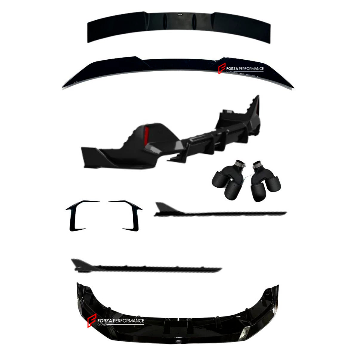BODY KIT for BMW 5 SERIES SWB G60 2024+ FORZA PERFORMANCE Custom fit Dry Carbon VTEN Design Style
Set includes:

Front Lip
One Piece Front Lip
Front Bumper Canards
Side Skirts
Rear Diffuser
Rear Spoiler
Roof Spoiler
Carbon Fiber Exhaust Tips (530i)
Carbon Fiber Exhaust Tips (525i)
Material: Plastic

NOTE: Professional installation is required.