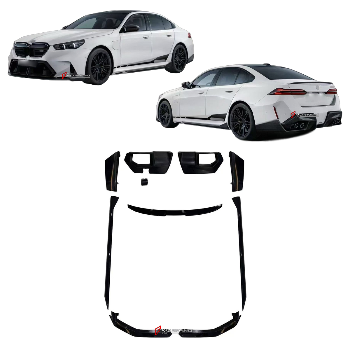 BODY KIT for BMW M5 G90 2024+ FORZA PERFORMANCE custom fit MP Competition

Set includes:
Front Lip
Side Skirts
Rear Spoiler
Rear Diffuser

Material: Plastic

NOTE: Professional installation is required.