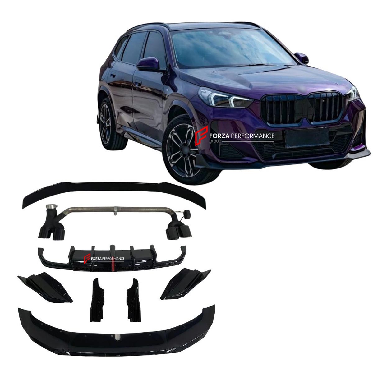 BODY KIT for BMW X1 U11 2022+ FORZA PERFORMANCE Custom fit Dry Carbon VTEN Design Style
Set includes:

Front Lip
Side Corners
Rear Diffuser
Rear Lip
Rear Corners
Roof Spoiler
Exhaust Tips
Material: Plastic

NOTE: Professional installation is required.