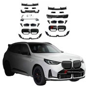 BODY KIT for BMW X3 G45 2024+ FORZA PERFORMANCE custom fit MP OEM Style

Set includes:
Front Lip
Front Bumper Air Vent Covers
Front Grille
Side Mirror Covers
Roof Spoiler
Rear Bumper Fins
Rear Diffuser
Exhaust Tips

Material: Plastic

NOTE: Professional installation is required.