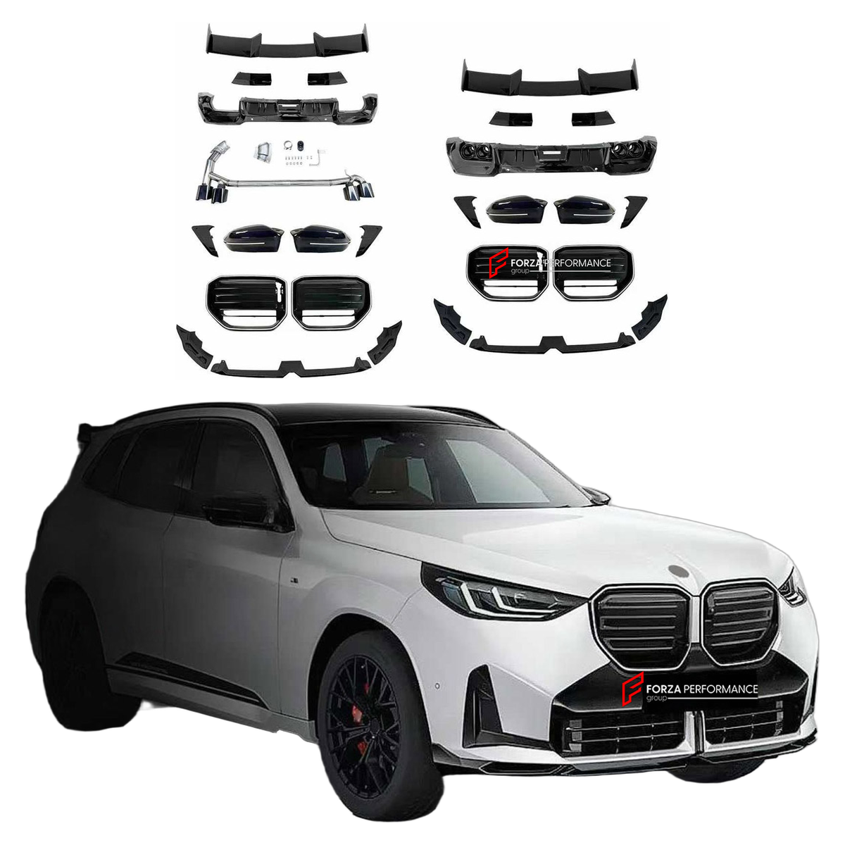 BODY KIT for BMW X3 G45 2024+ FORZA PERFORMANCE custom fit MP OEM Style

Set includes:
Front Lip
Front Bumper Air Vent Covers
Front Grille
Side Mirror Covers
Roof Spoiler
Rear Bumper Fins
Rear Diffuser
Exhaust Tips

Material: Plastic

NOTE: Professional installation is required.