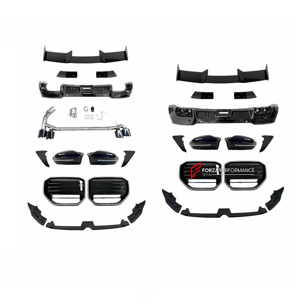 BODY KIT for BMW X3 G45 2024+ FORZA PERFORMANCE custom fit MP OEM Style

Set includes:
Front Lip
Front Bumper Air Vent Covers
Front Grille
Side Mirror Covers
Roof Spoiler
Rear Bumper Fins
Rear Diffuser
Exhaust Tips

Material: Plastic

NOTE: Professional installation is required.