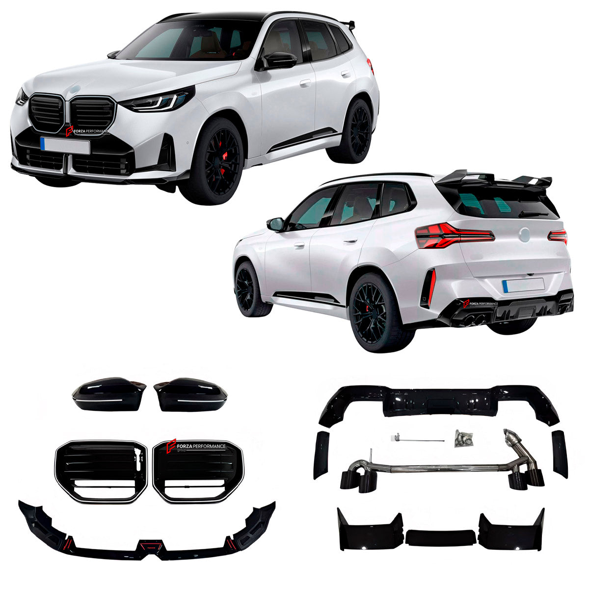 BODY KIT for BMW X3 G45 2024+
Set includes:

Front Lip
Front Grille
Side Mirror Covers
Roof Spoiler
Exhaust System
Rear Diffuser
Material: Plastic, Stainless Steel

NOTE: Professional installation is required.