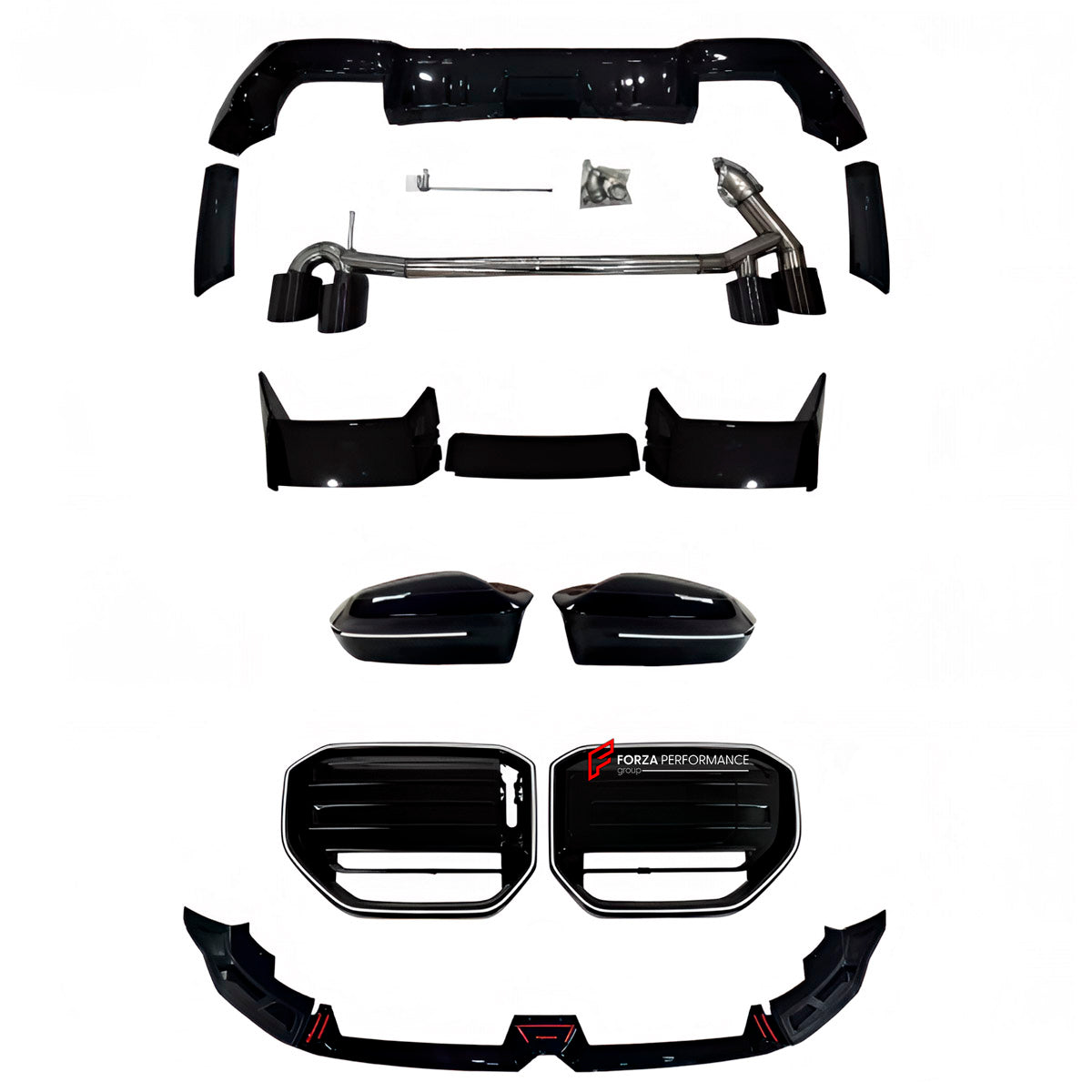 BODY KIT for BMW X3 G45 2024+
Set includes:

Front Lip
Front Grille
Side Mirror Covers
Roof Spoiler
Exhaust System
Rear Diffuser
Material: Plastic, Stainless Steel

NOTE: Professional installation is required.