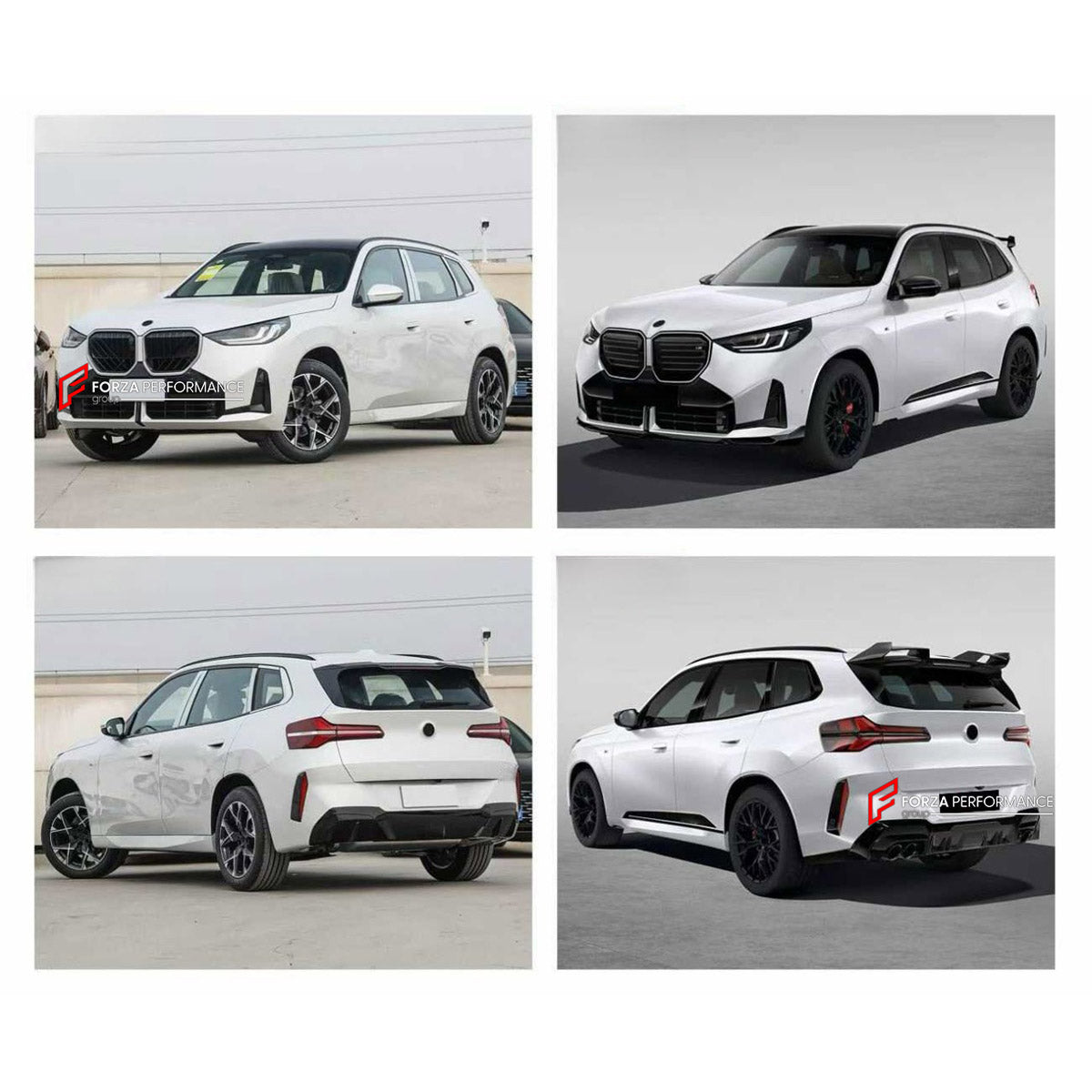 BODY KIT for BMW X3 G45 2024+ FORZA PERFORMANCE custom fit MP OEM Style

Set includes:
Front Lip
Front Bumper Air Vent Covers
Front Grille
Side Mirror Covers
Roof Spoiler
Rear Bumper Fins
Rear Diffuser
Exhaust Tips

Material: Plastic

NOTE: Professional installation is required.