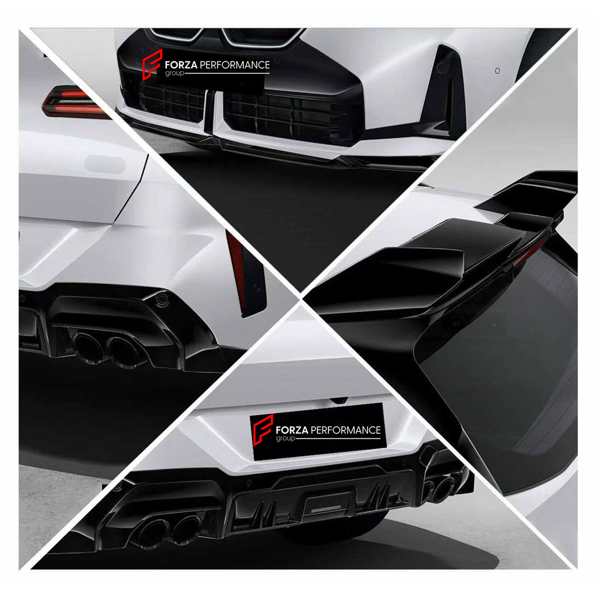 BODY KIT for BMW X3 G45 2024+ FORZA PERFORMANCE custom fit MP OEM Style

Set includes:
Front Lip
Front Bumper Air Vent Covers
Front Grille
Side Mirror Covers
Roof Spoiler
Rear Bumper Fins
Rear Diffuser
Exhaust Tips

Material: Plastic

NOTE: Professional installation is required.