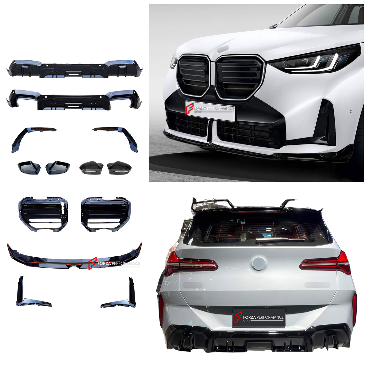 BODY KIT for BMW X3 G45 G48 2024+ FORZA PERFORMANCE custom fit M Performance

Set includes:
Front Lip
Front Bumper Canards
Front Grille
Side Mirror Covers
Rear Bumper Fins
Rear Diffuser

Material: Plastic

NOTE: Professional installation is required.