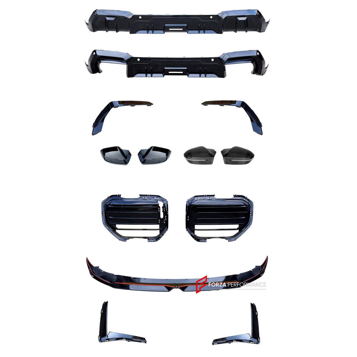 BODY KIT for BMW X3 G45 G48 2024+ FORZA PERFORMANCE custom fit M Performance

Set includes:
Front Lip
Front Bumper Canards
Front Grille
Side Mirror Covers
Rear Bumper Fins
Rear Diffuser

Material: Plastic

NOTE: Professional installation is required.