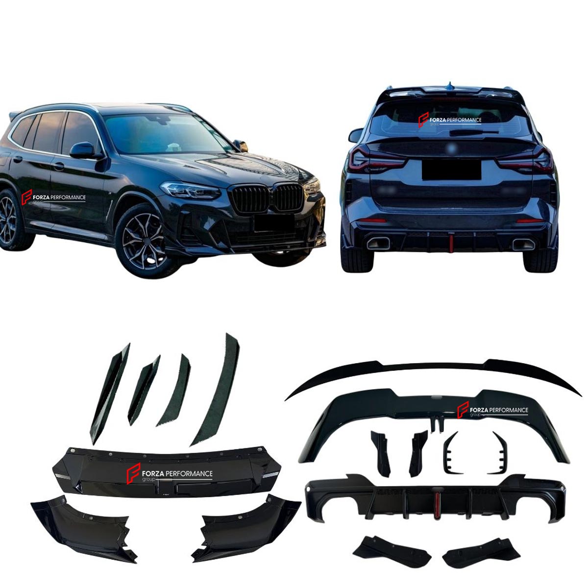 BODY KIT for BMW X3 IX3 G01 G08 LCI 2022 - 2024 FORZA PERFORMANCE Custom fit Dry Carbon VTEN Design Style
Set includes:

Front Lip
Front Bumper Canards
Rear Bumper Canards
Rear Diffuser
Rear Lip
Rear Corners
Roof Spoiler
Rear Spoiler
Material: Plastic

NOTE: Professional installation is required.