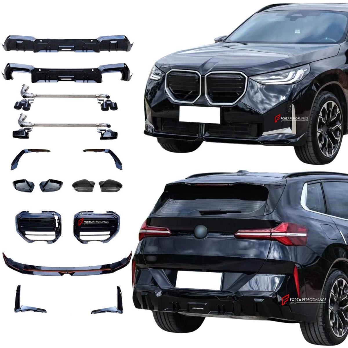 BODY KIT for BMW X3 X3M50 G45 G48 2024+
Set includes:

Front Lip
Front Bumper Canards
Front Grille
Side Mirror Covers - two versions available: one for BMW X3 M50, one for the base X3 (each offered in Carbon or Plastic)
Rear Bumper Fins
Rear Diffuser - two versions available: one for BMW X3 M50, one for the base X3
Exhaust Pipes - two versions available: one for BMW X3 M50, one for the base X3
Material: Plastic

NOTE: Professional installation is required.