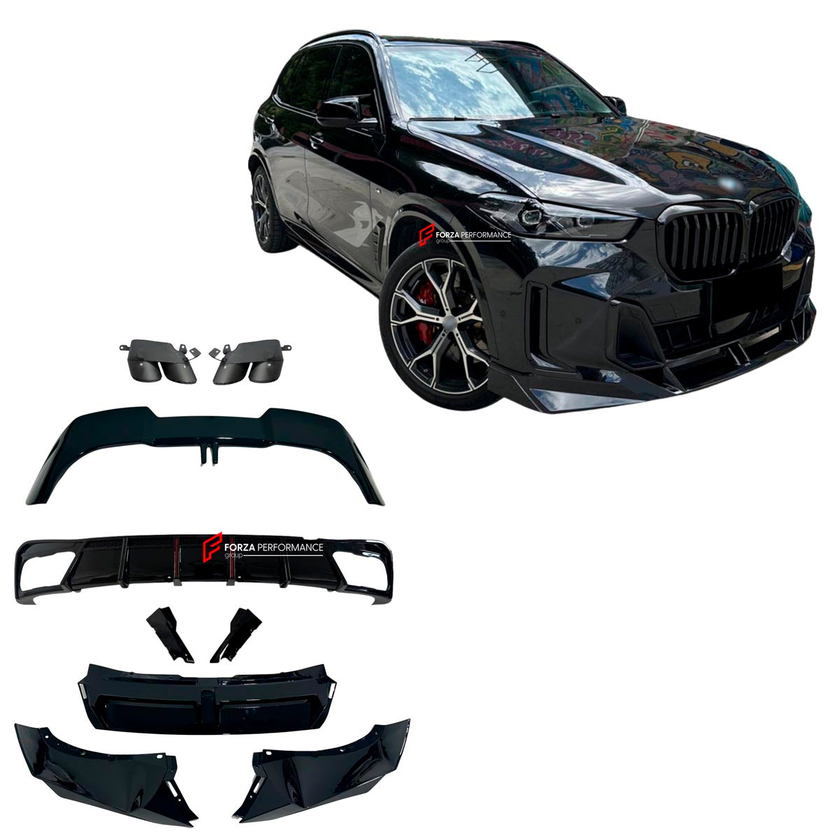 BODY KIT for BMW X5 G05 2019+ FORZA PERFORMANCE Custom fit Dry Carbon VTEN Design Style
Set includes:

Front Lip (fits 2023 - 2025 only)
Rear Diffuser
Roof Spoiler
Quad Carbon Fiber Exhaust Tips
Material: Plastic

NOTE: Professional installation is required.