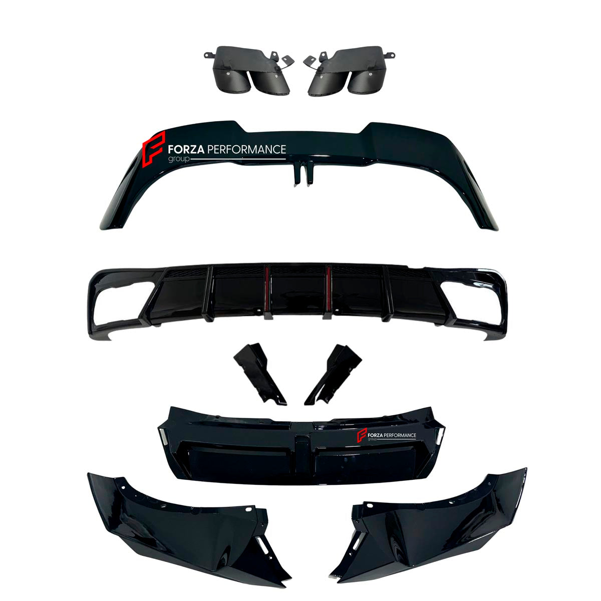 BODY KIT for BMW X5 G05 2019+ FORZA PERFORMANCE Custom fit Dry Carbon VTEN Design Style
Set includes:

Front Lip (fits 2023 - 2025 only)
Rear Diffuser
Roof Spoiler
Quad Carbon Fiber Exhaust Tips
Material: Plastic

NOTE: Professional installation is required.